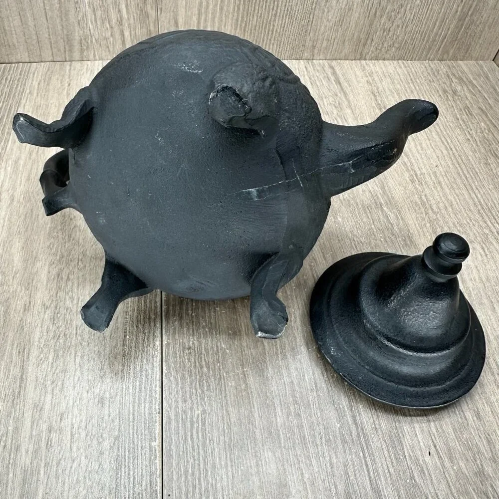 Vintage Ornate Cast Iron Moroccan Teapot w/ Lid Textured Matte Black